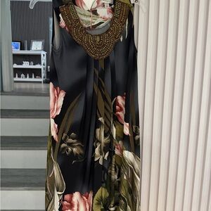 dressbarn Black Floral Maxi Dress with Beaded Neckline